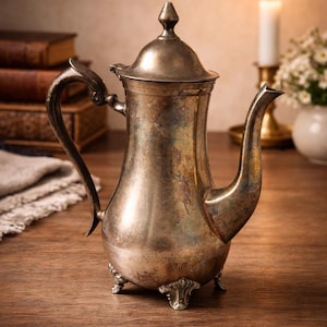 Puede incluir: Cafetera antigua plateada con un pico curvo, asa ornamentada y tapa con remate. La cafetera se apoya en tres patas decorativas. El fondo incluye una vela encendida, libros y flores, creando una estética vintage.