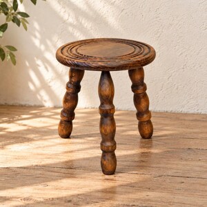 Vintage Wooden Tripod Stool, Turned Legs, Rustic Plant Stand, French Style Decor