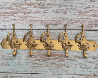Vintage Brass Sailboat Wall Hook Rack, Nautical Key Holder, 5 Hooks
