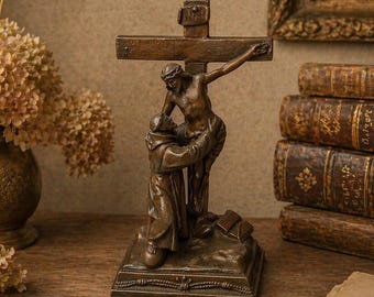 Vintage Régule Estatua de San Francisco de Asís, Figura de Cristo Crucificado