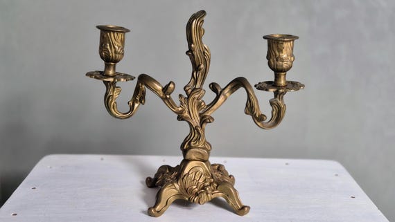 Pair of Antique French Brass Candlesticks – Rococo Style, 2-Light Candelabra