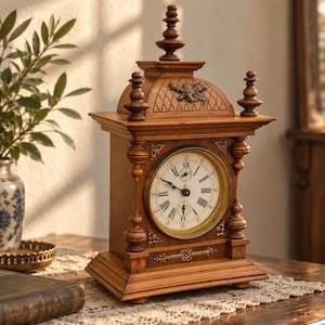 Puede incluir: Un reloj de sobremesa de madera con acabado marrón, que presenta una esfera circular central con números romanos y dos subesferas más pequeñas. El reloj tiene un remate superior decorativo, detalles en color latón y una parte superior arqueada.