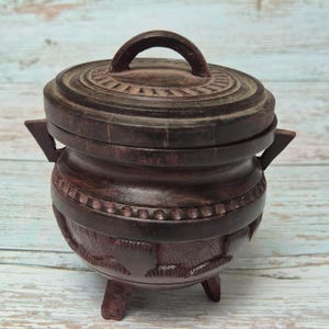 Hand Carved Wooden Lidded Pot, Rustic Decorative Vessel, Tribal Style Decor