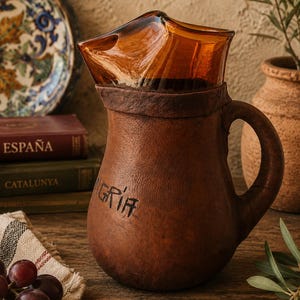 May include: A brown leather-wrapped pitcher featuring a translucent amber glass rim and a curved handle. The word SANGRIA is embossed on the side of the leather body. The pitcher has a wide, asymmetrical spout and a rounded base for pouring liquids.