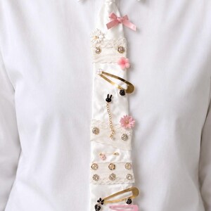 White Satin Coquette Tie, Lace Pearl Embellished Necktie  display picture 2
