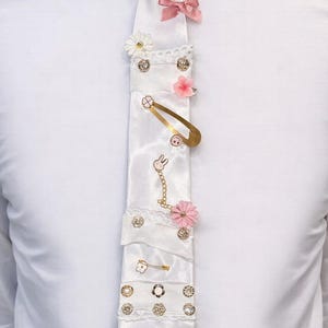 White Satin Tie, Coquette Tie, Lace Pearl Tie, Floral Embellished Necktie, Handmade Statement Tie, Gold Charm Tie, Feminine Vintage Accessor
