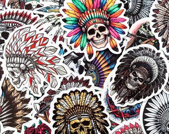 50 pegatinas aleatorias de calaveras tribales, pegatinas de guerreros nativos góticos, pegatinas de calaveras de jefes, pegatinas impermeables para diarios, álbumes de recortes y manualidades.