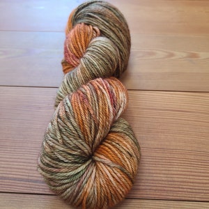 May include: A skein of yarn in shades of green, orange, and brown. The yarn is twisted into a loose coil.