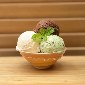 以下が含まれることがあります： チョコレート、バニラ、ミントチョコチップの3つのアイスクリームが盛られた陶器のボウル。上部には新鮮な緑色のミントの葉が添えられています。ボウルは質感のある明るいオレンジ色で、縁はスカラップ状のデザインになっています。