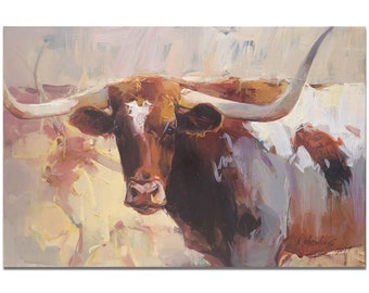 Texas Longhorn Cow Painting, Large Original Oil Painting On Canvas , Wall Decor Gift for Home, 24x36"