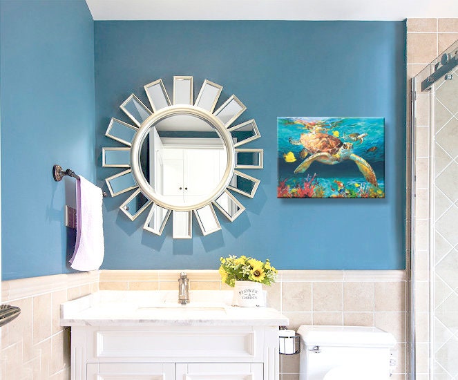 Beach Theme Bathroom Decor, Large Sea Turtle crab Pictures Wall Art ...