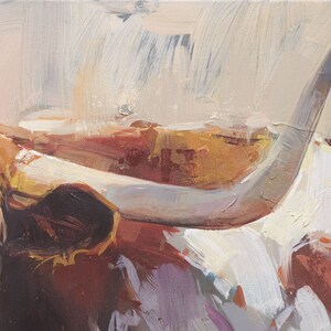 May include: A close-up of a painting depicting a brown and white cow's horn. The horn is painted in a realistic style with visible brushstrokes. The background is a light beige color.