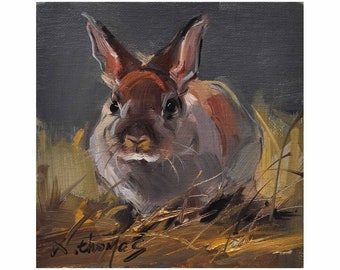 Original oil painting Rabbit Hare on canvas panel, 6x6"