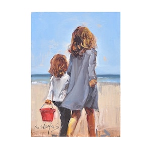 Children on the beach, back view of little girl, original oil painting on panel, 5x7&quot;