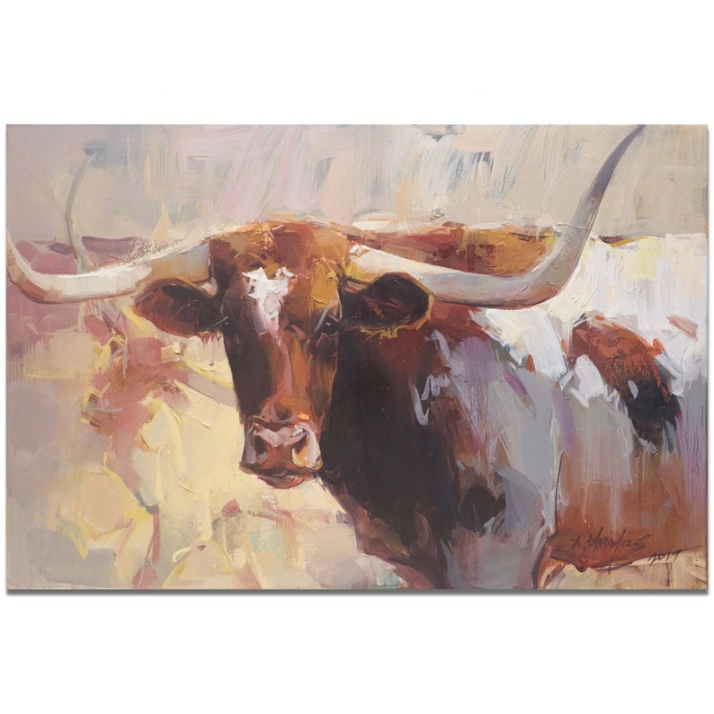 May include: A painting of a brown and white longhorn steer with large horns. The steer is looking directly at the viewer. The background is a blurred, abstract landscape in shades of yellow, orange, and pink.