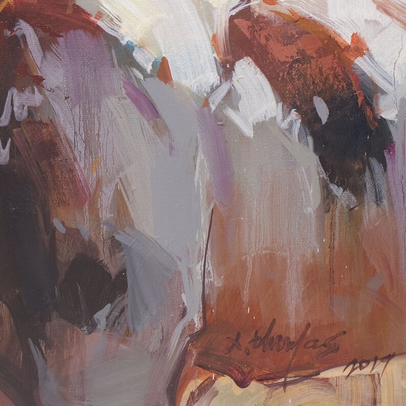 May include: Abstract painting with brown, gray, and white brushstrokes. The artist's signature is visible in the lower right corner.