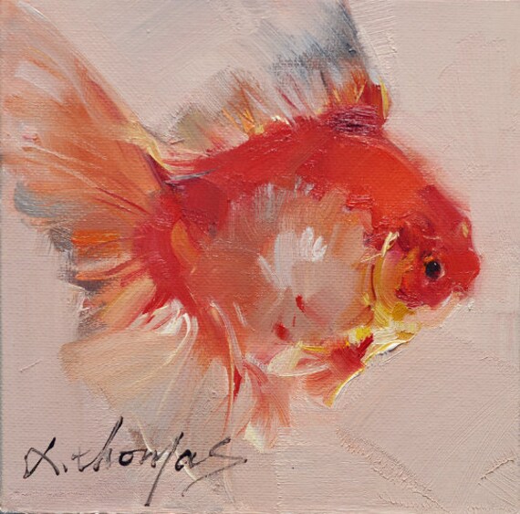 オリジナル金魚油絵、キッチンウォールアート（6x6インチキャンバス