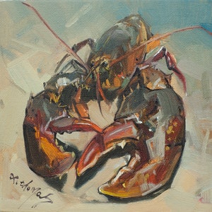 boston lobsters series oil painting Original Art  on canvas panel by x.thomas, 6x6&quot; kitchen wall decoration art