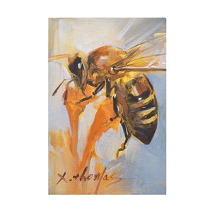 Bee series original small oil painting on canvas panel，Kid Nursery Room Kitchen Wall Art Decor Gift, 12x18cm