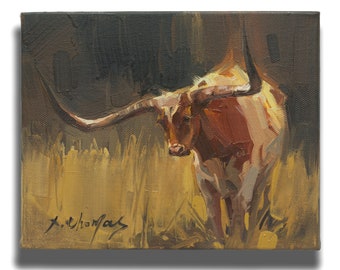 Texas Longhorn Cow Painting,  Animal Original Oil Painting on Canvas,  8x10"