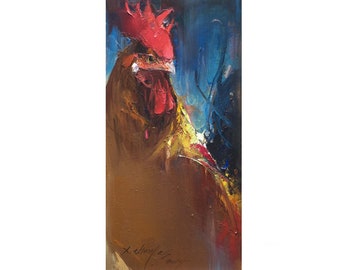 Rooster Oil Painting, Chicken Rustic Animal Original Painting on Canvas, Kitchen Home Wall Art Deocr Gift, 12x24"