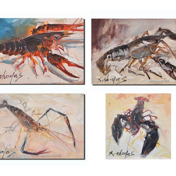 Peinture à l’huile de crevettes, Crabe, Petit homard Marine Sealife Peinture originale sur toile, Chambre CuisineWall Art Decor Cadeau, 12x18 cm, 15x15 cm