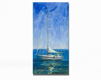Sailing Boat Original Oil Painting, Impressionist Seascape, 12x24"