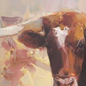 May include: Close-up of a brown and white cow's face. The cow has a white patch on its forehead and a brown nose. The painting is done in a loose, impressionistic style.
