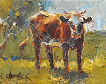 Olieverfschilderij bruine koe, Impasto-kunst boerderijdieren, 20 x 30 cm