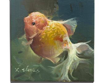湖に浮かぶ鯉の絵 | 水面に映る油絵 | 赤い魚の絵 | 日本庭園に