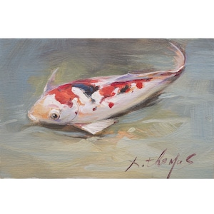 Koi original oil painting on canvas panel ，Fish art，12x18 cm