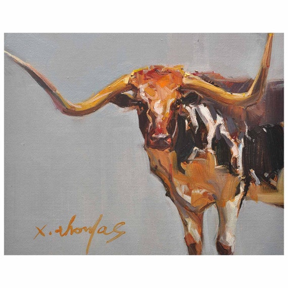 Small Original Texas Longhorn Cow Oil Painting On Canvas Etsy