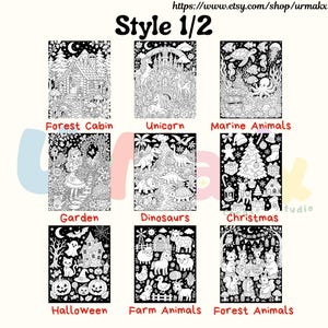 May include: A collection of nine black and white coloring pages featuring themes of a forest cabin, unicorns, marine animals, a garden, dinosaurs, Christmas, Halloween, farm animals, and forest animals, each labeled with its respective title.