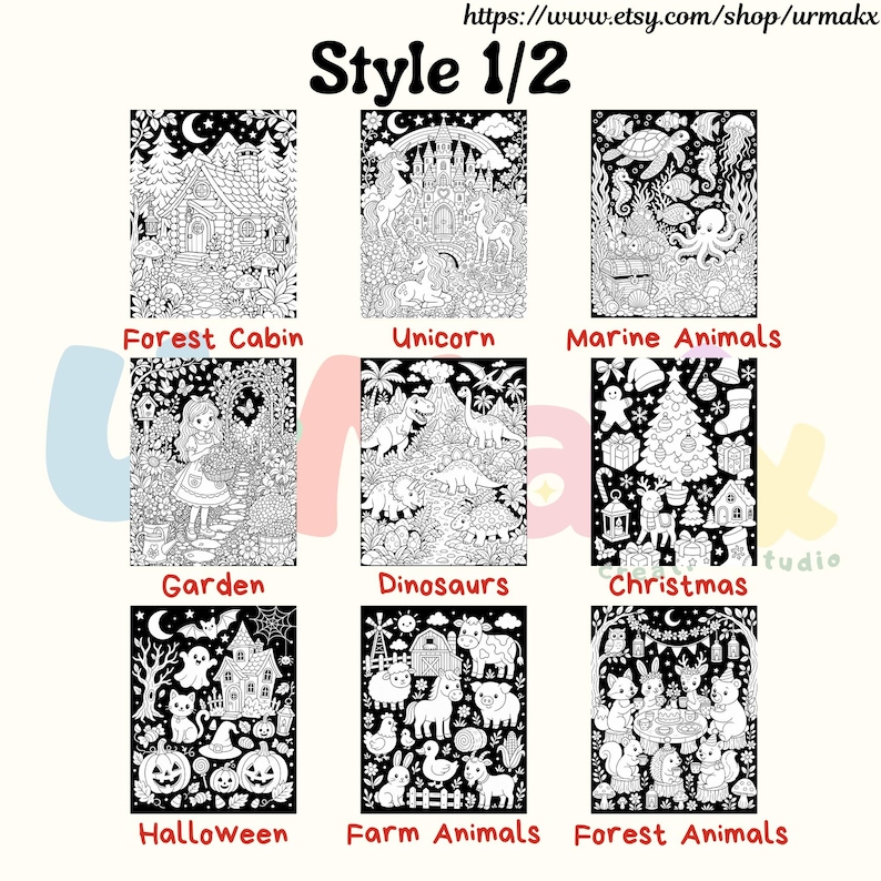 May include: A collection of nine black and white coloring pages featuring themes of a forest cabin, unicorns, marine animals, a garden, dinosaurs, Christmas, Halloween, farm animals, and forest animals, each labeled with its respective title.