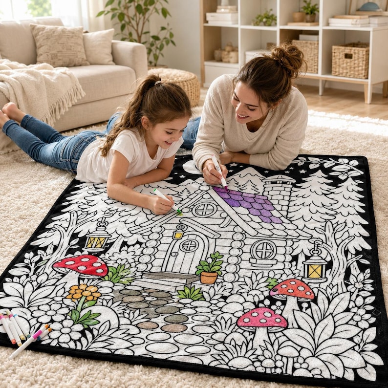 May include: A rectangular black and white fabric coloring blanket featuring a detailed line art illustration of a log cabin in a forest setting with mushrooms, trees, and lanterns. The blanket is partially colored with purple and green markers.