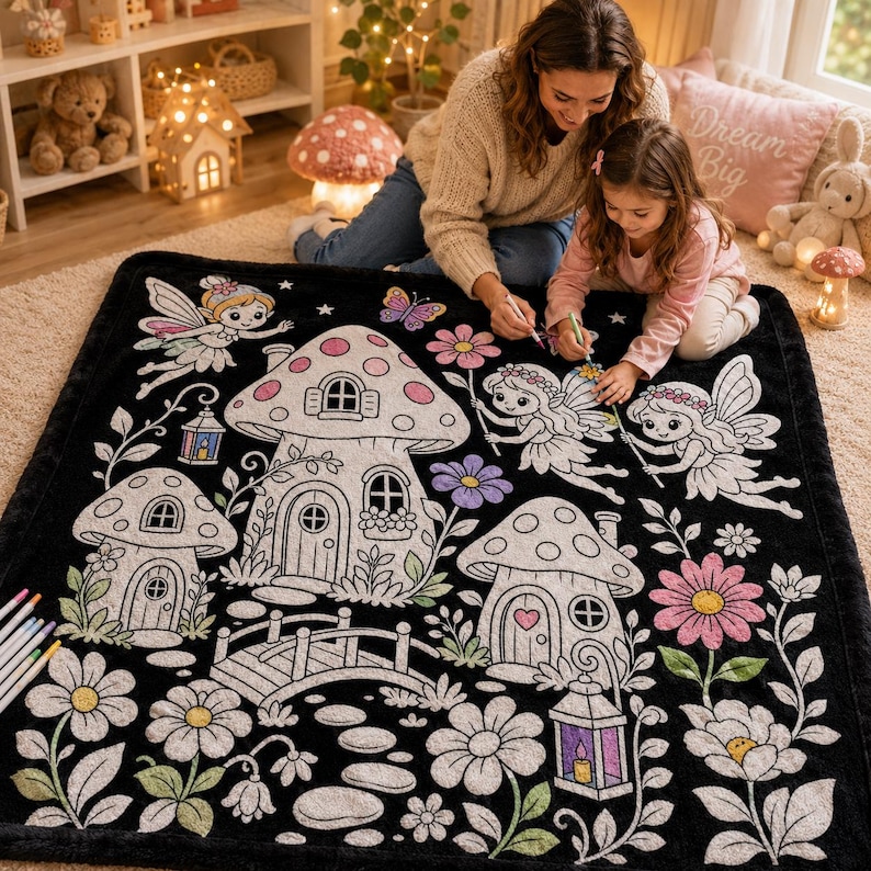 May include: A black plush blanket featuring a white line art design of fairy tale mushroom houses, winged fairies, flowers, and a stone bridge. The pattern includes a large central mushroom house, smaller mushroom dwellings, and various floral elements, all outlined in white on a dark background.