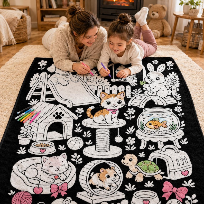 May include: A black and white coloring blanket featuring various pet-themed illustrations including a cat on a scratching post, a dog house, a fish in a bowl, a rabbit, a hamster in a wheel, and a turtle, all outlined for coloring with markers.