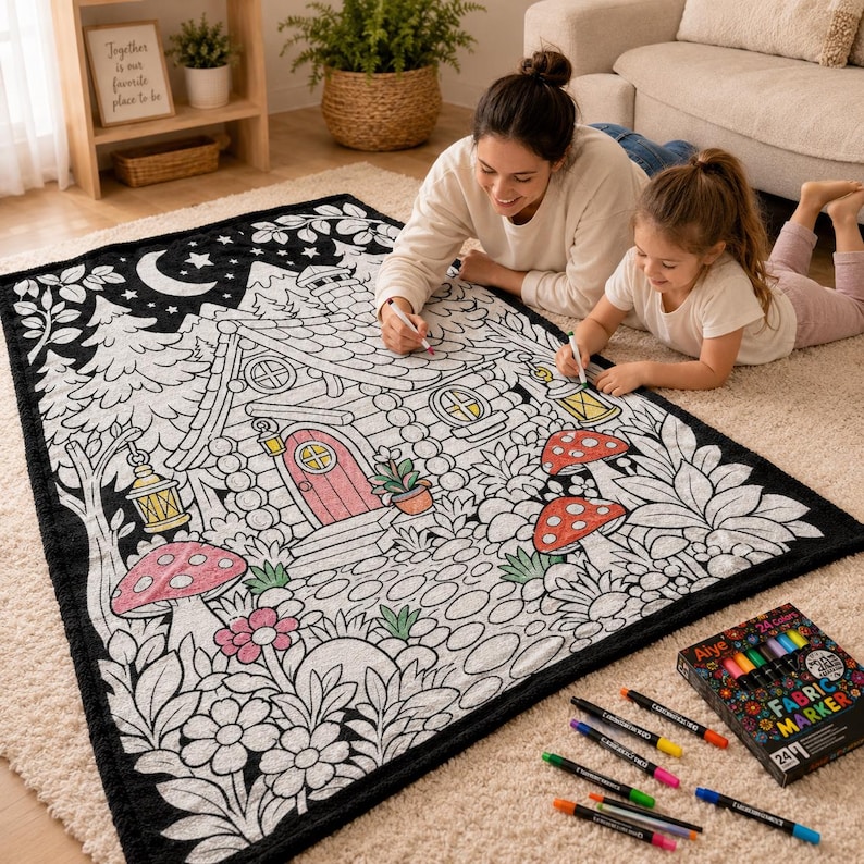 May include: A rectangular fabric blanket featuring a black and white line art illustration of a cabin, trees, flowers, and mushrooms, with some elements partially colored in pink, red, and green, accompanied by a box of 24 fabric markers.