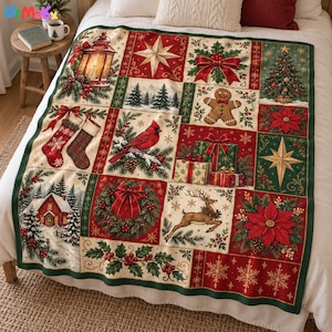 Manta navideña de franela, manta vintage de patchwork con cardenal rojo, ciervo y hombre de jengibre, estampado rojo y verde, decoración rústica navideña para el hogar.