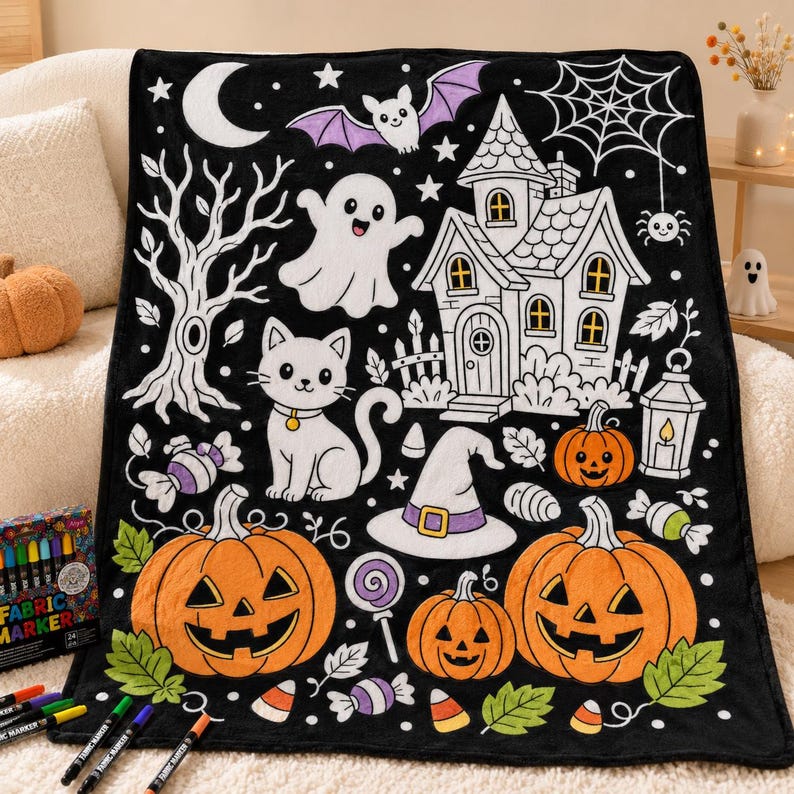 May include: A black fleece blanket featuring a white and orange Halloween-themed print of a haunted house, a ghost, a cat, pumpkins, a bat, a spider web, and candy. The design includes a crescent moon, stars, and a witch hat on a dark background.