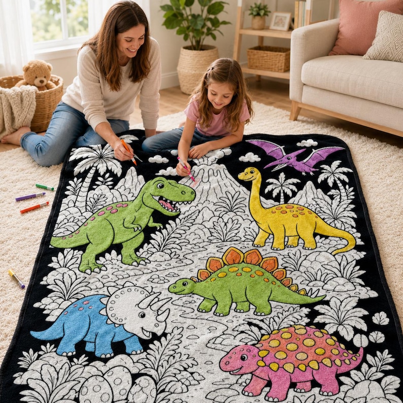 May include: A rectangular black and white dinosaur-themed coloring blanket featuring illustrations of a green T-Rex, a yellow long-necked dinosaur, a green Stegosaurus, a blue Triceratops, a pink Ankylosaurus, and a purple Pterodactyl.