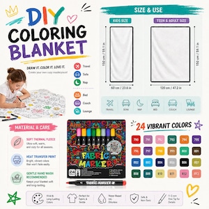 Color Your Own Blanket With 24 Fabric Markers, DIY Coloring Fleece Blanket, Kids Art Activity Gift, Animal Floral Dinosaur Style Craft Kit image 6