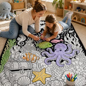 May include: A large rectangular fabric coloring mat featuring a black and white underwater scene with a treasure chest, a starfish, a clownfish, and a large octopus. The mat includes partially colored elements in purple, orange, green, and yellow.