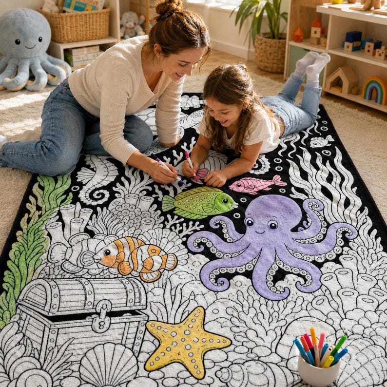May include: A large rectangular fabric coloring mat featuring a black and white underwater scene with a treasure chest, a starfish, a clownfish, and a large octopus. The mat includes partially colored elements in purple, orange, green, and yellow.