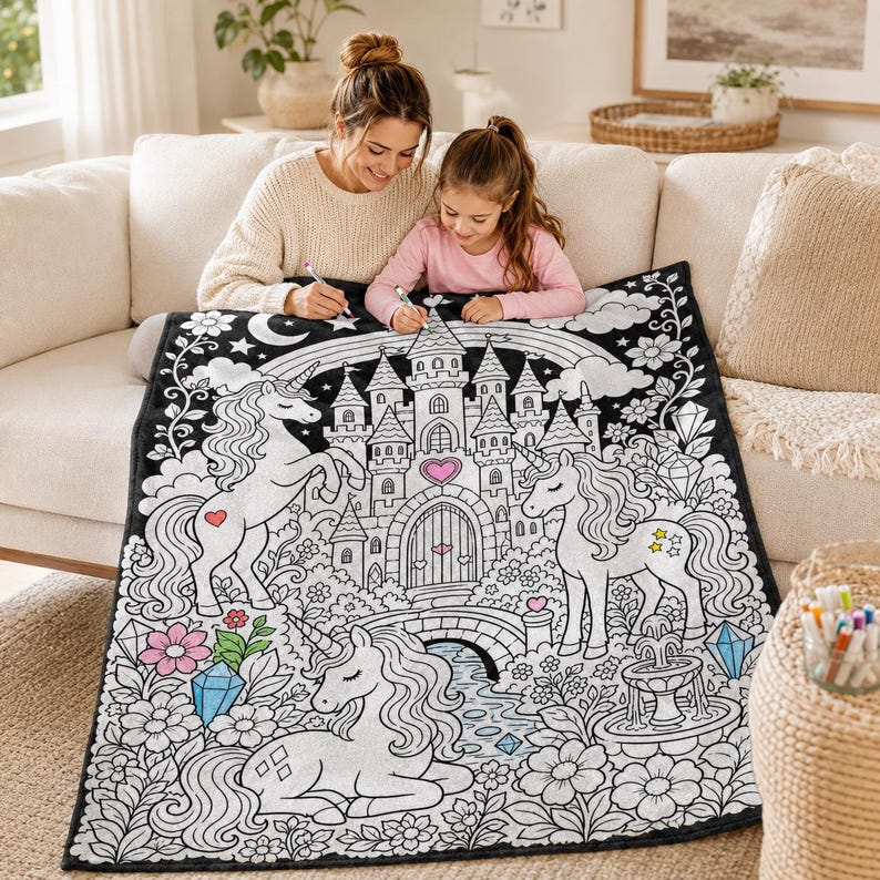 Color Your Own Blanket With 24 Fabric Markers, DIY Coloring Fleece Blanket, Kids Art Activity Gift, Animal Floral Dinosaur Style Craft Kit image 2