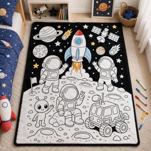 May include: A rectangular area rug with a black background featuring a white space-themed coloring design. The print includes a rocket ship, three astronauts, an alien, a lunar rover, planets, stars, and a satellite. The design is outlined in black.