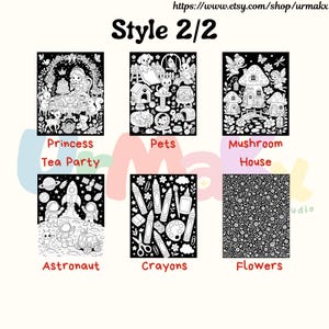 May include: A collection of six black and white coloring pages labeled Style 2/2. The designs include a Princess Tea Party, Pets, Mushroom House, Astronaut, Crayons, and Flowers. Each page features detailed line art for coloring activities.