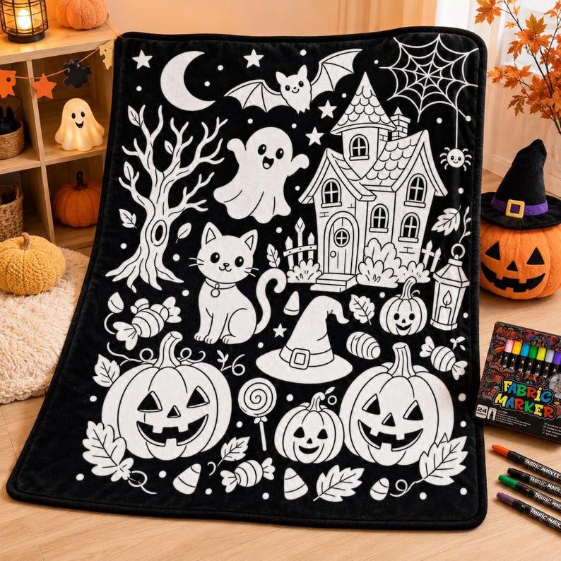 May include: A black fabric blanket featuring a white line art pattern of Halloween motifs including a haunted house, a ghost, a cat, pumpkins, a bat, a spider web, and candy. The blanket is designed for coloring with fabric markers.