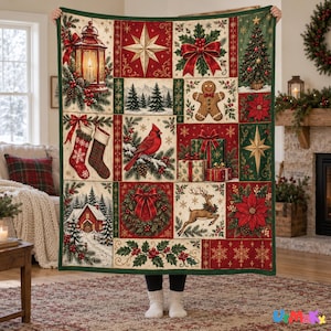 Couverture de Noël en flanelle, jeté patchwork vintage avec cardinal rouge, cerf et bonhomme en pain d'épice, imprimé rouge et vert, décoration rustique pour les fêtes