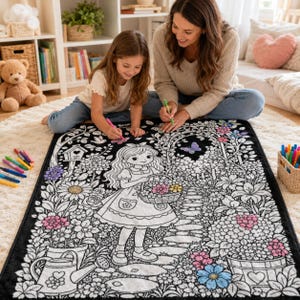 May include: A rectangular black and white coloring blanket featuring a central illustration of a girl holding a flower basket in a garden. The design includes a birdhouse, a watering can, a stone path, and various flowers, with some elements partially colored in pink, yellow, and blue.